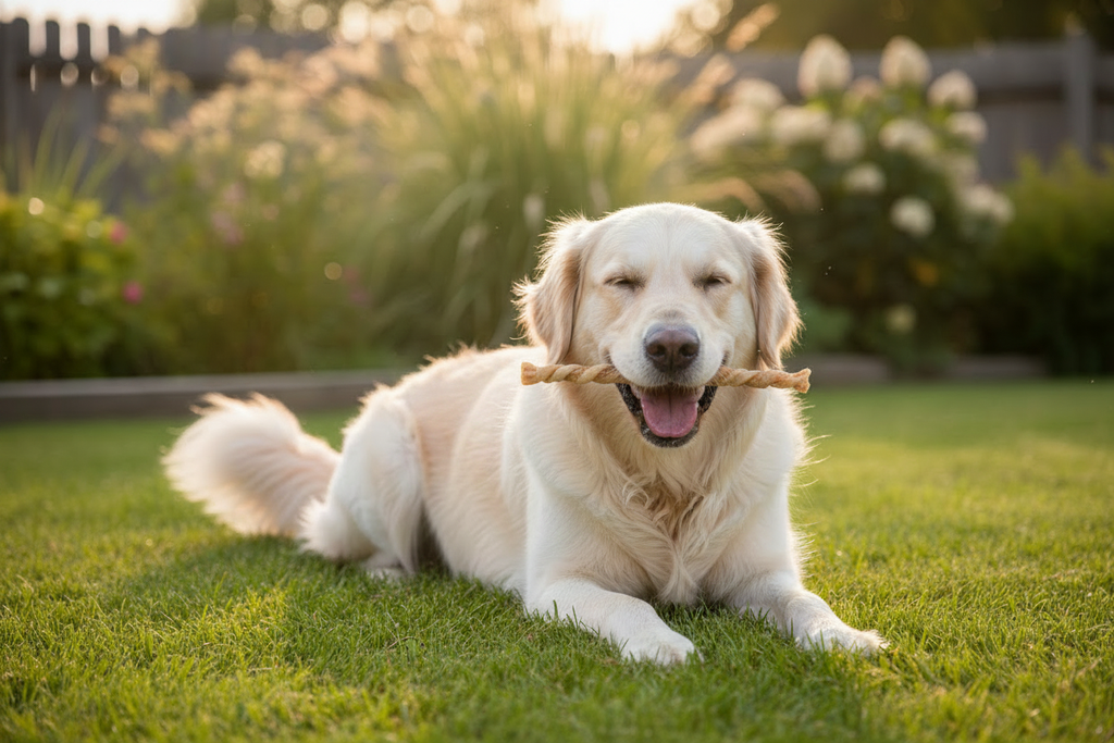 Beige dog with small rawhide twist in backyard
