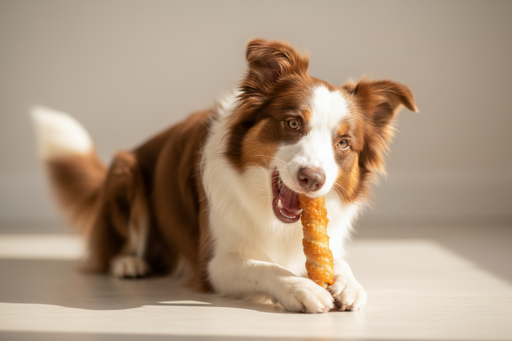 Dog chewing chicken rawhide roll