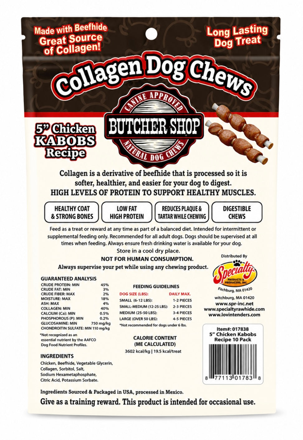 Butcher Shop Collagen Dog Chews 5" Chicken Kabobs Recipe 10 Pk