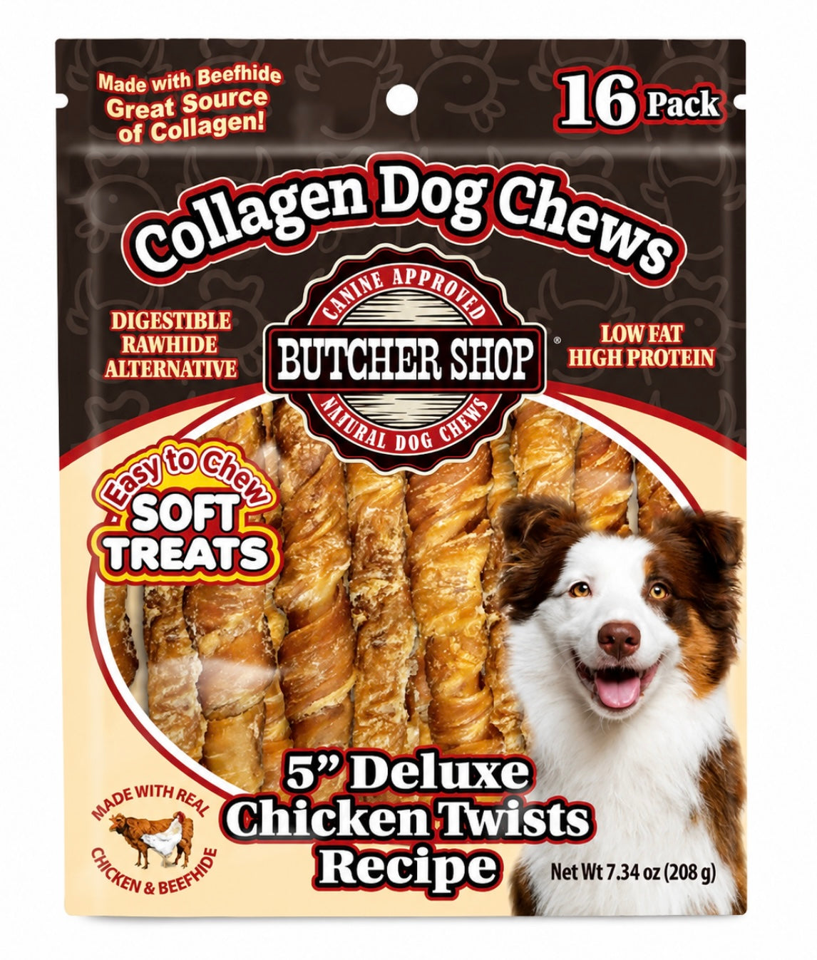 Butcher Shop Collagen Dog Chews 5" Deluxe Chicken Twists Recipe 16Pk