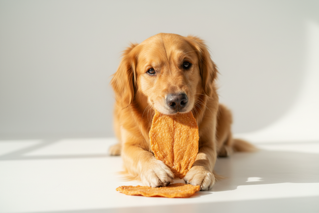 Dog eating chicken fillet
