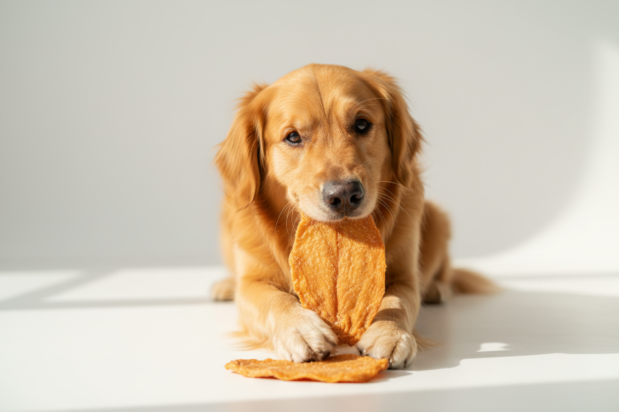 Dog eating chicken fillet