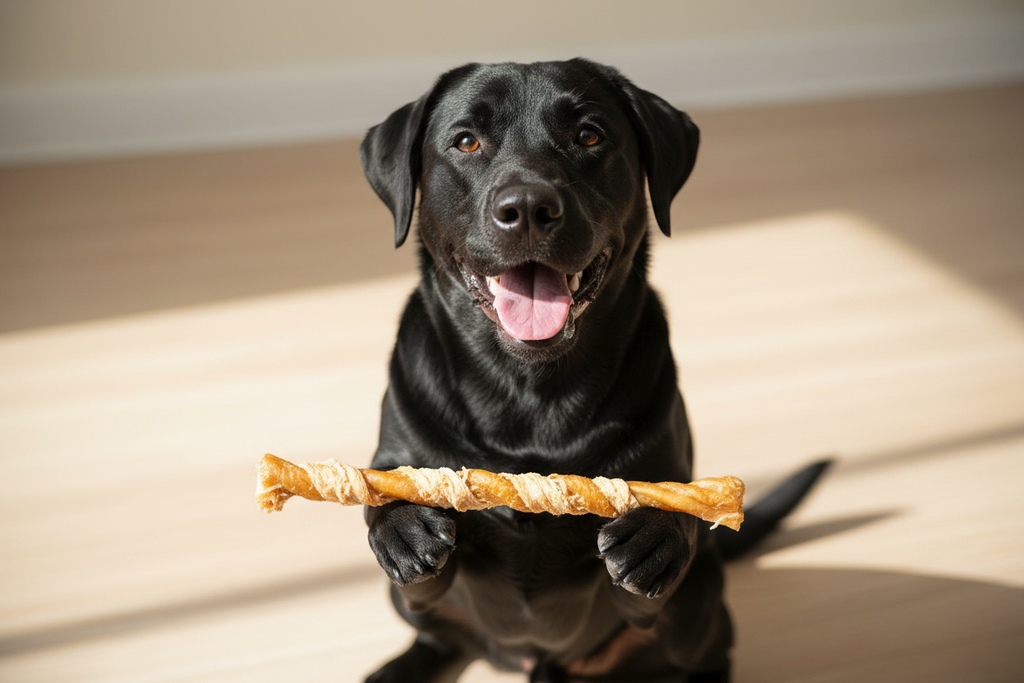 Black dog eating chicken kabob chew