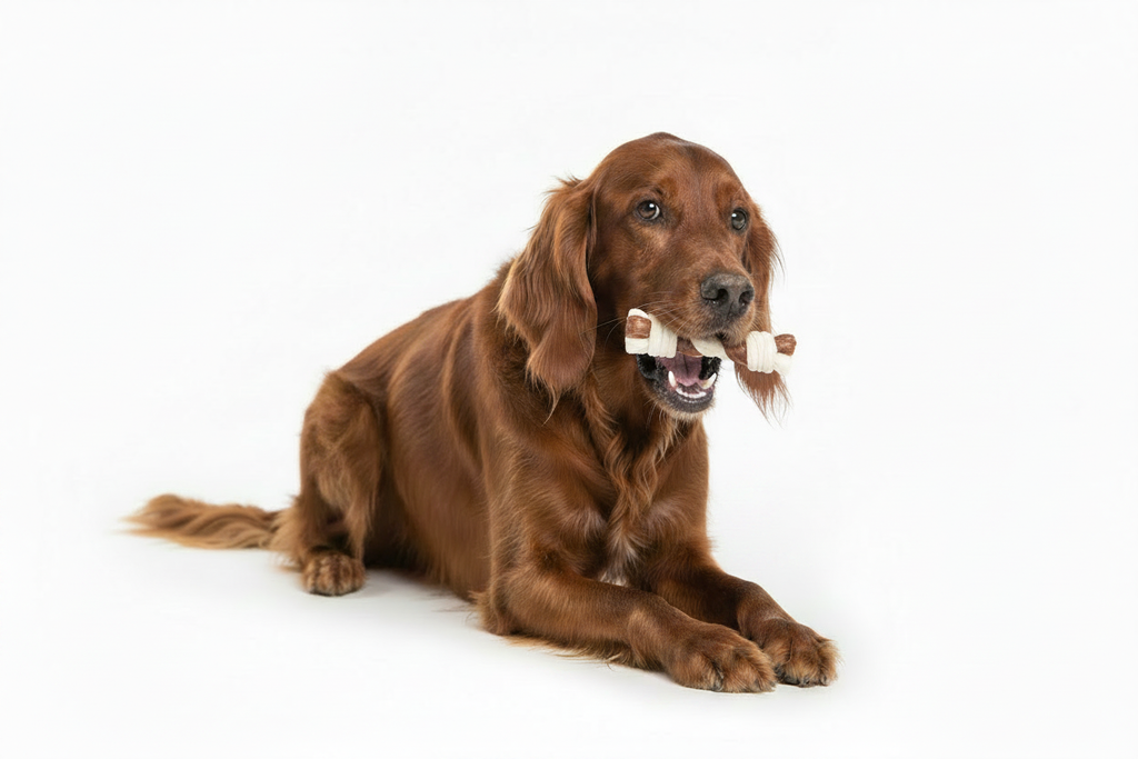 Red dog with tiny kabob treat