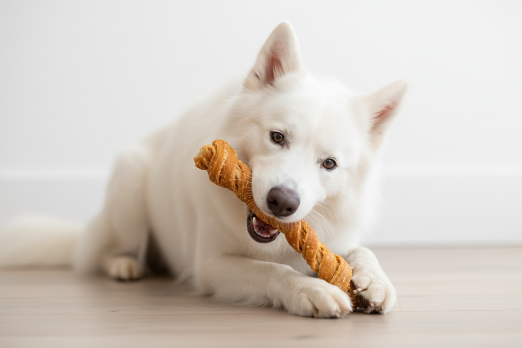 White dog eating collagen chicken twist