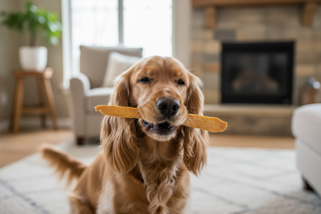 Cocker spaniel with chicken breast fillet treat