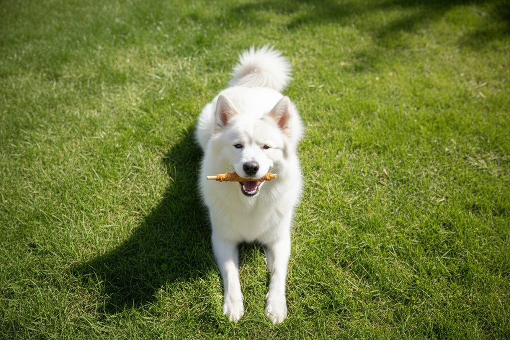 White and beige dog overhead view with rawhide roll