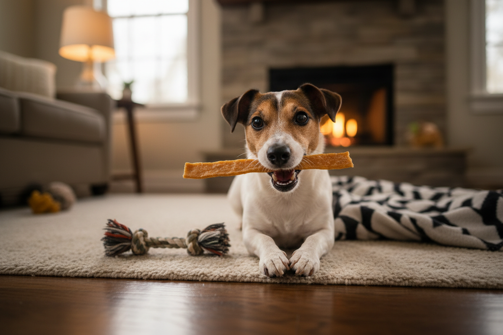 White Jack Russell with chicken duck tender at home