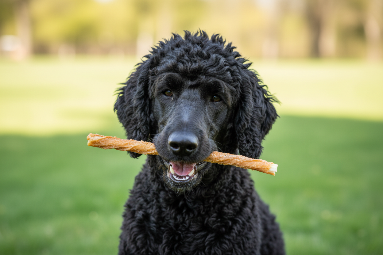 Black poodle with chicken rawhide twist outdoors